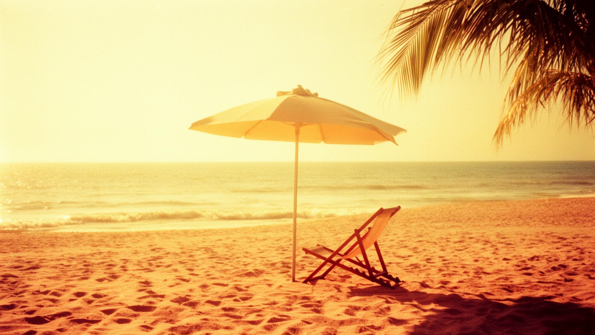 Beach umbrella and deck chair at golden hour