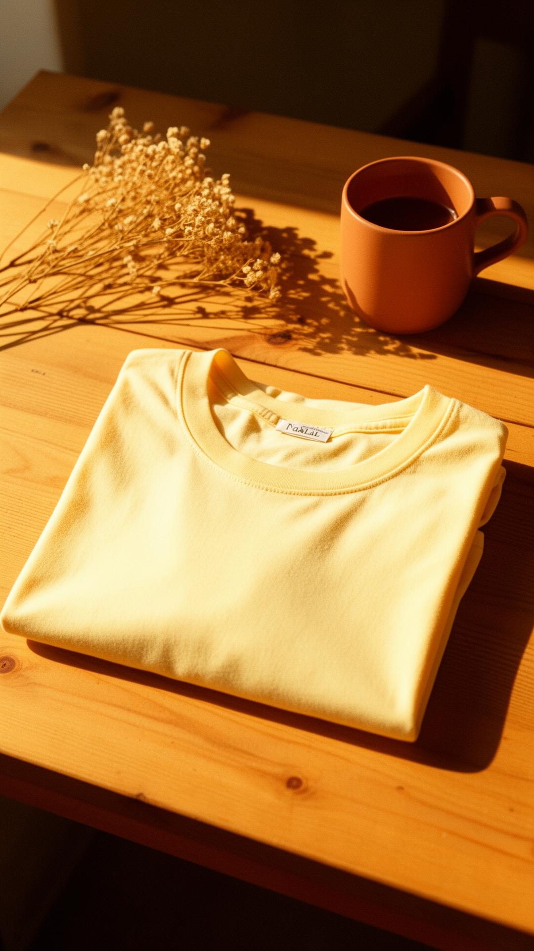 Folded cotton tee in afternoon sun